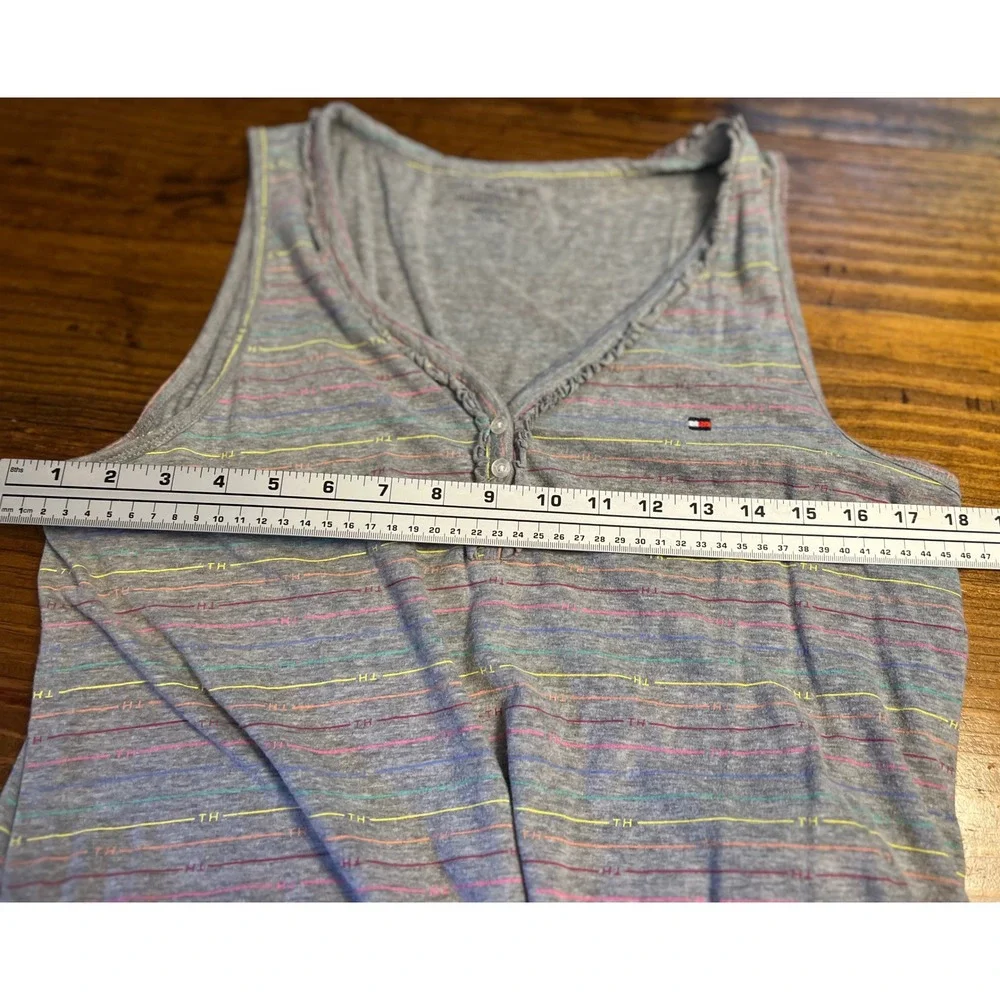 Tommy Hilfiger‎ Pajama Set Womens XL Gray Rainbow Stripe Ruffle EUC